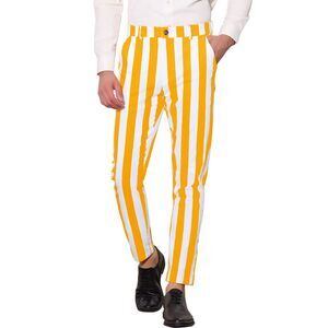 Striped Pants Casual Skinny Fit Color Block Pencil Dress Trousers Yellow White